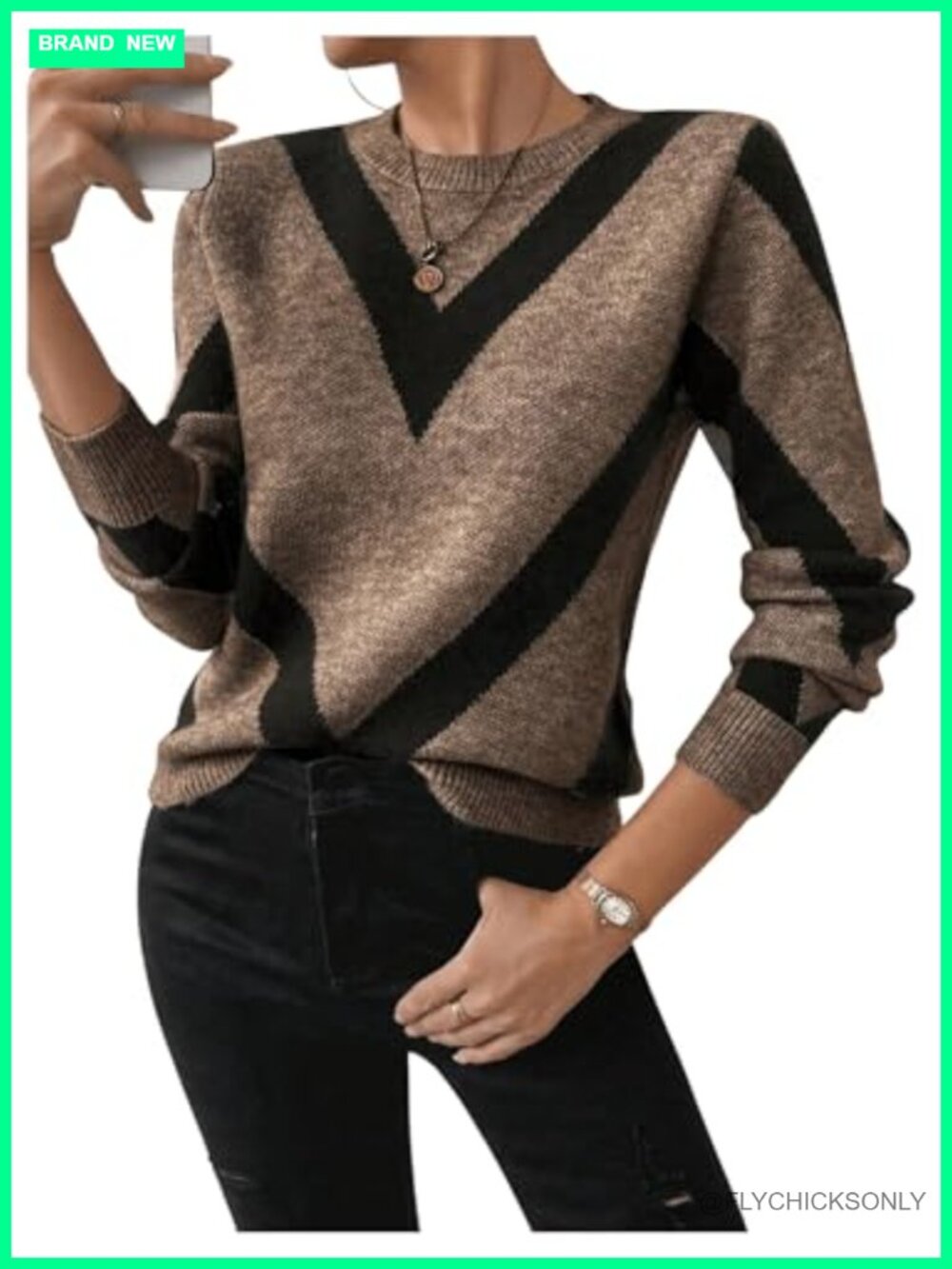 Geometric Print Long Sleeve Knitted Crewneck Sweater Casual Pullover Top